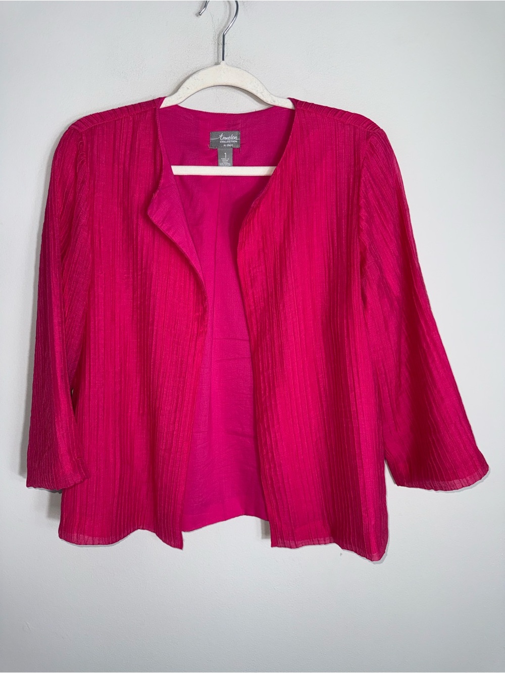 Chico's Lightweight Open Front Jacket Top-Fuchsia Pink-3/4 Sleeve-Size 1 (MED)